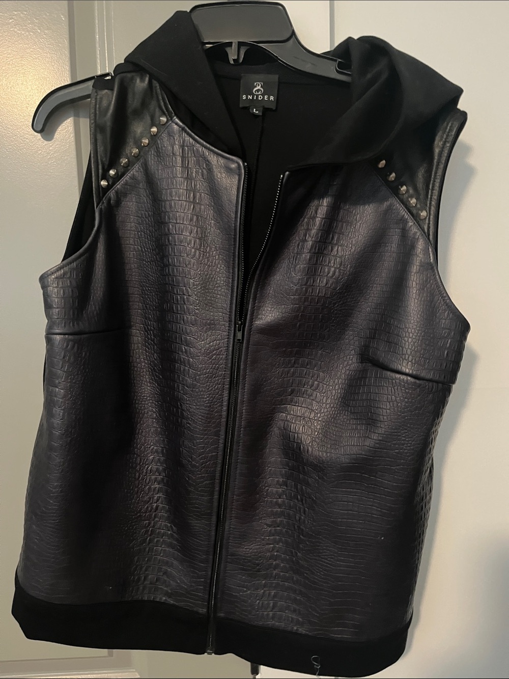 Black Croc-Embossed Faux Leather Hooded Vest